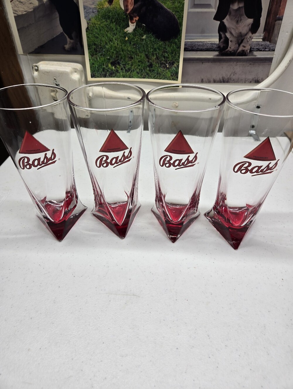 Vintage Bass Ale Beer Glasses with Red Triangle Bottom 7.5" Tall Set Of 4. Nice